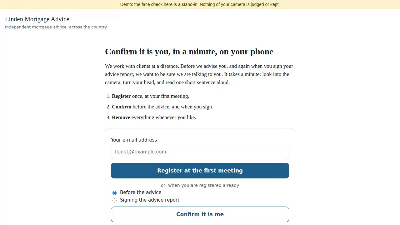 The client's page: register once at the first meeting, with what is kept in plain words
